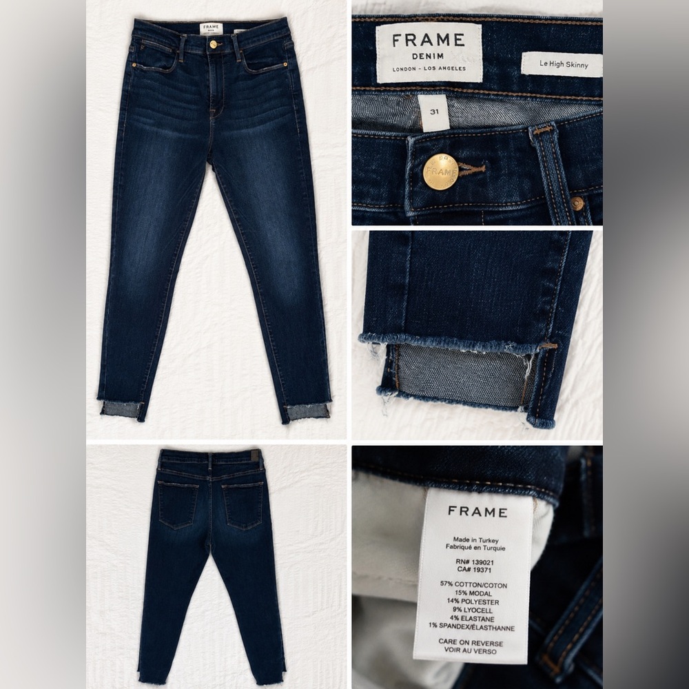 Frame Denim Dark Blue High-Rise Raw Hem Skinny Jeans